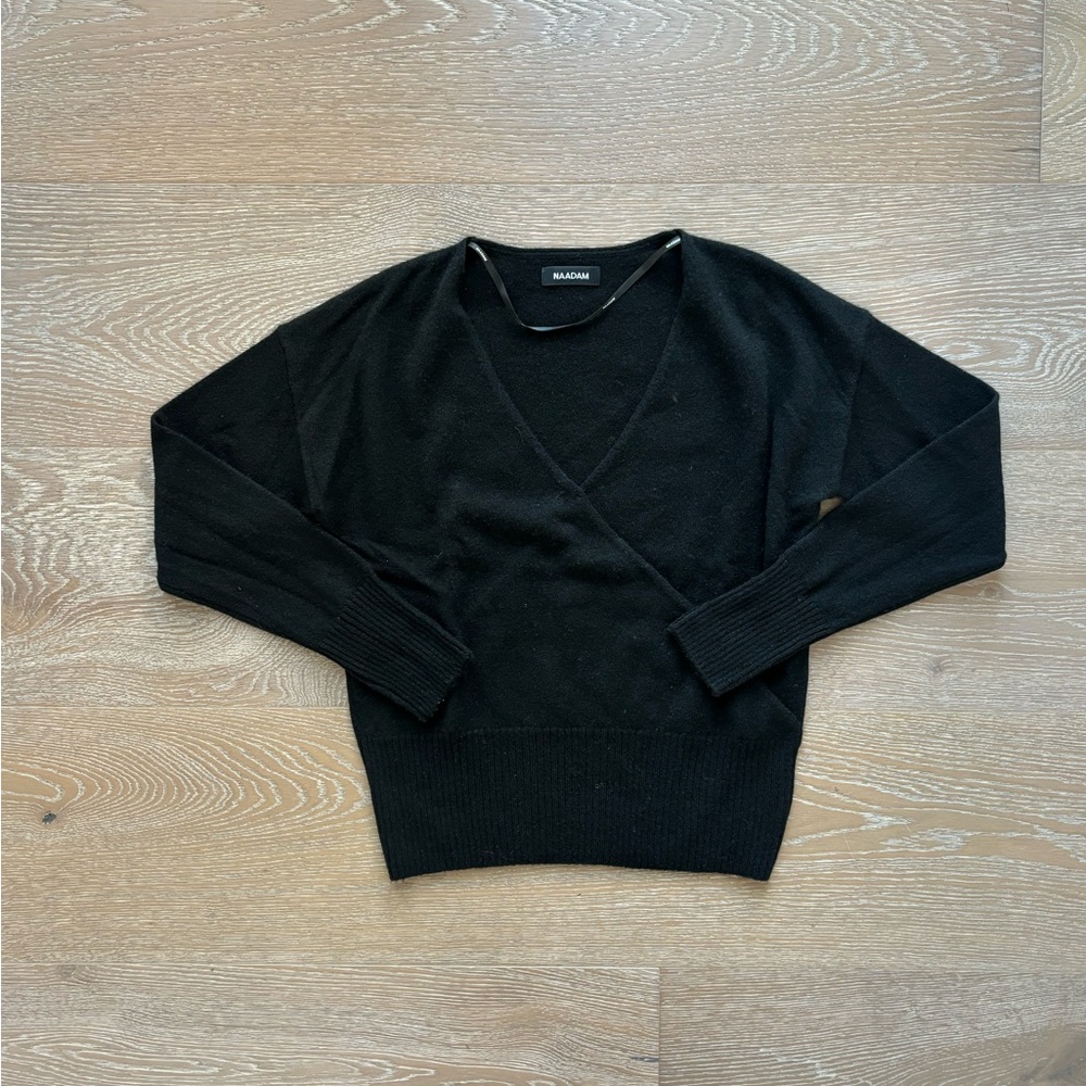 Naadam Cashmere Black V Neck Wrap Sweater with Rib Knit Detail, Size Medium